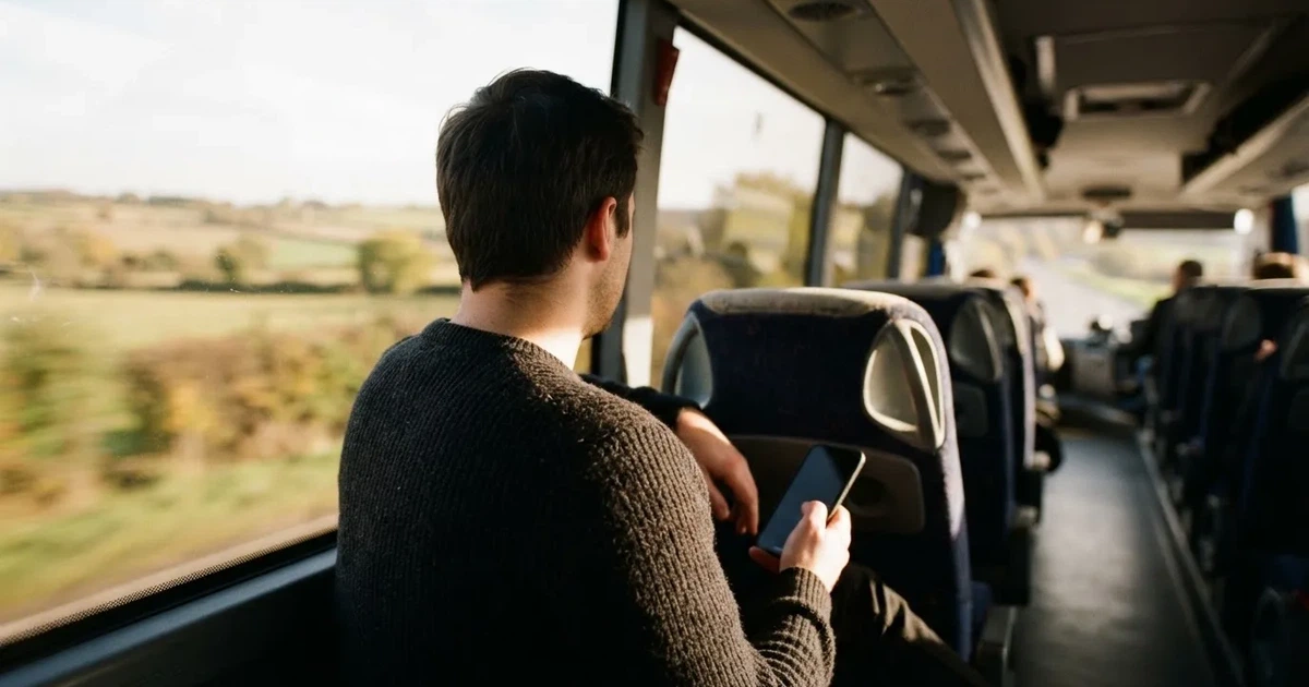 Férfi sötét pulóverben hosszú buszjáraton ül, kezében okostelefon, a kijelző nem látszik, az ablakon át mezők suhannak.