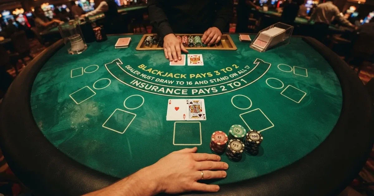 Megvilágított játékasztal kártyákkal, felülnézetből — blackjack játék magyarországon