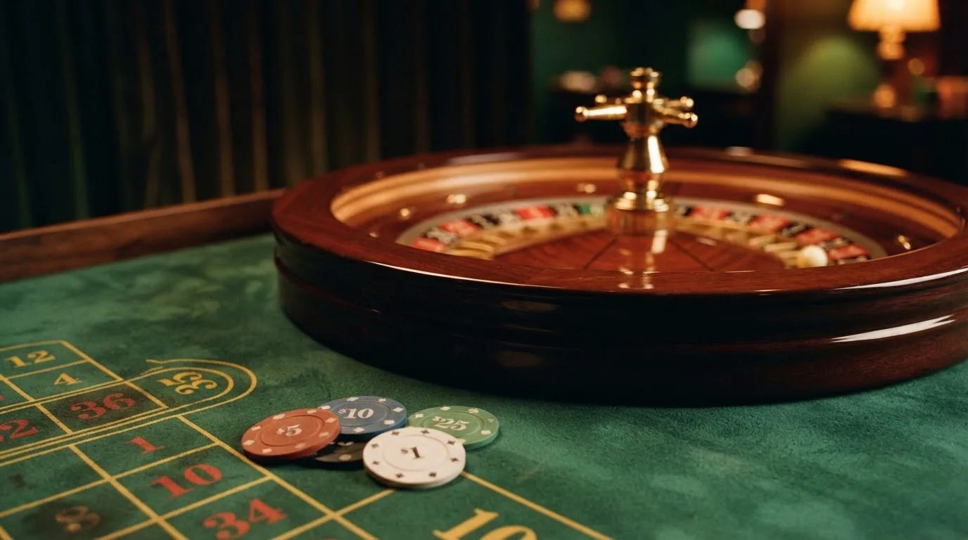 Rulettkerék és zsetonok zöld posztón, meleg esti fényben — blackjack szabályok magyaroknak