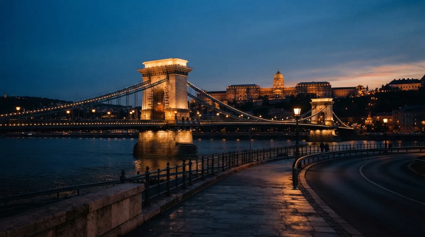 A budapesti Lánchíd esti fényekben a Duna fölött, a háttérben a budai Vár, forgalom nélküli rakpart.