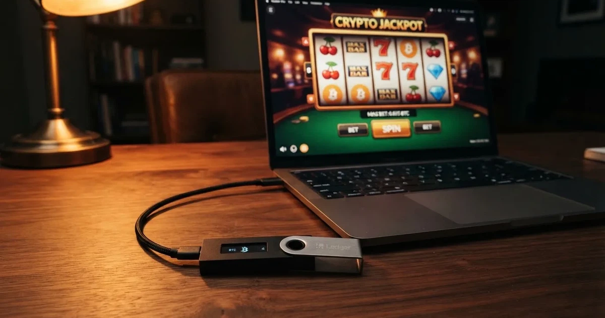 Hardveres tárca és laptop egy íróasztalon, tompa fényben — ethereum kaszinók magyarországon