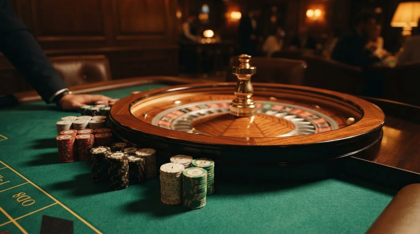 Rulettkerék és zsetonok zöld posztón, meleg esti fényben — high roller kaszinók magyarországon