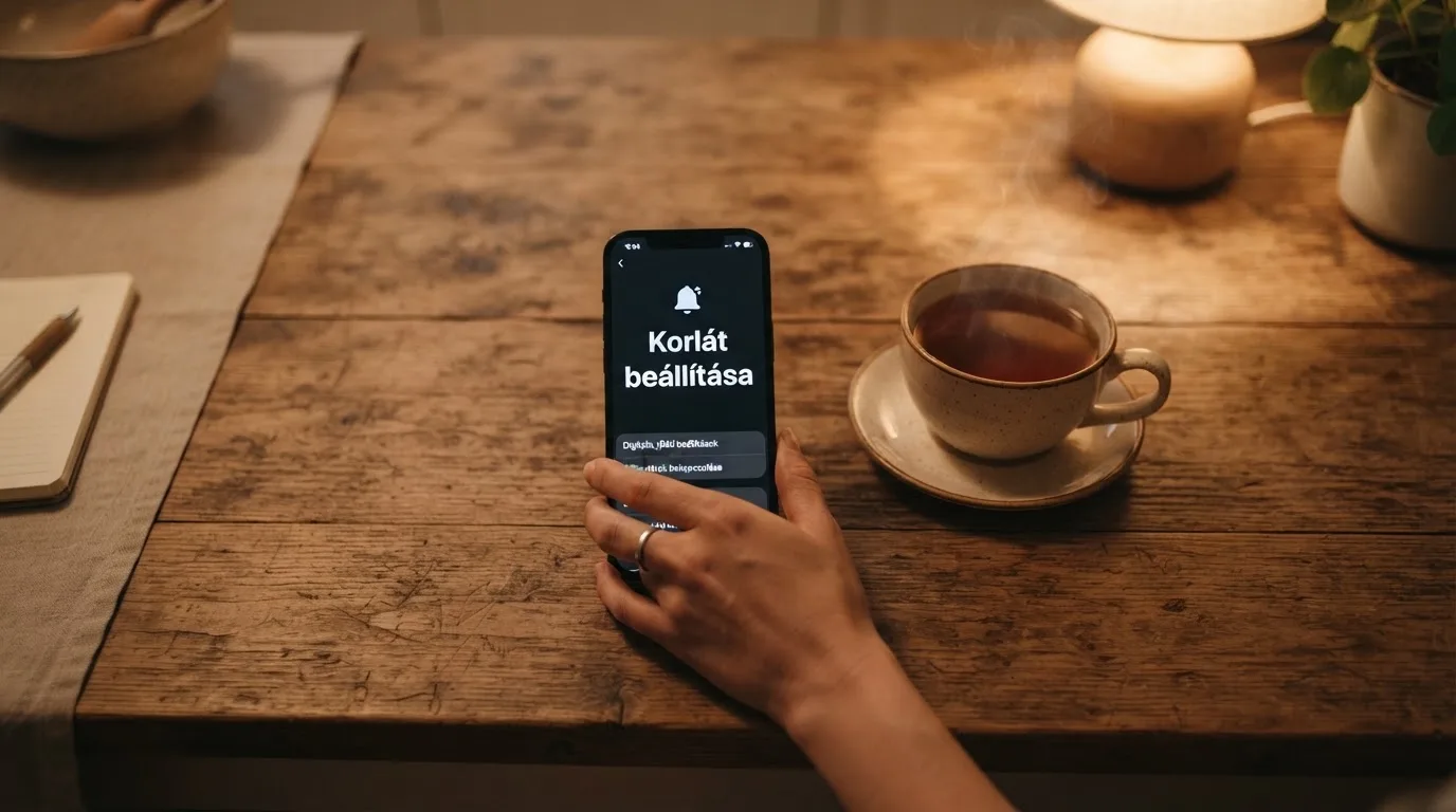 Kéz tart egy mobiltelefont egy csésze tea mellett a konyhaasztalon egy nyugodt estén — külföldi magyar kaszinók