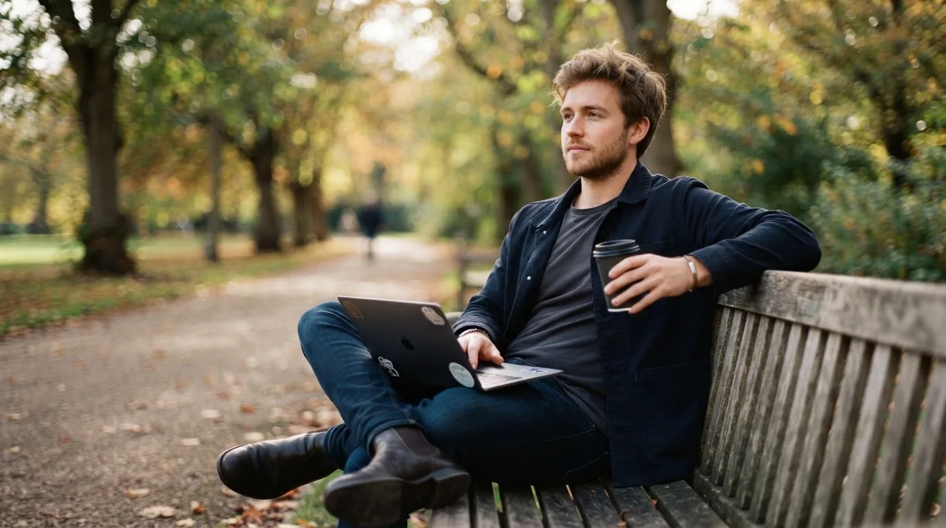 Fiatal férfi parkpadon ül, kezében összecsukott laptop és kávé, nyugodtan szünetet tart, a háttérben fák.