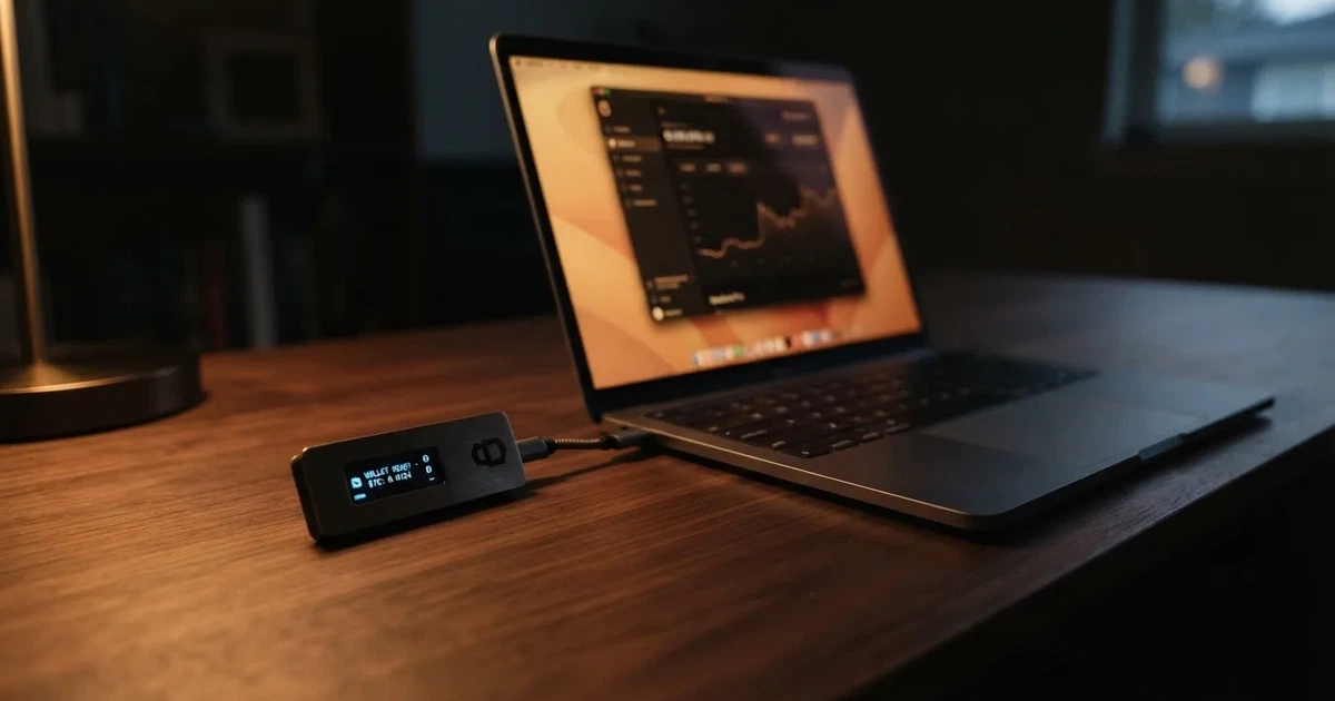 Hardveres tárca és laptop egy íróasztalon, tompa fényben — litecoin kaszinók magyarországon