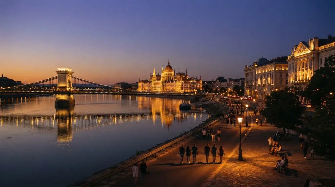 Budapesti belváros esti látképe a Duna-parttal és a Parlament sziluettjével, járókelők a rakparton, megvilágított hivatali épületek.